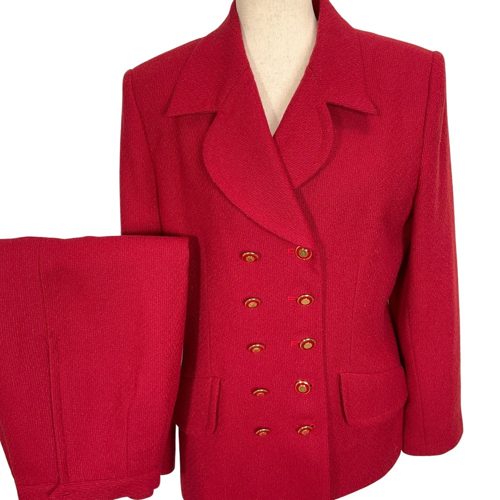 Albert Nipon Skirt Suit Women 12 Red Double Breasted Grannycore Retro Wool VTG